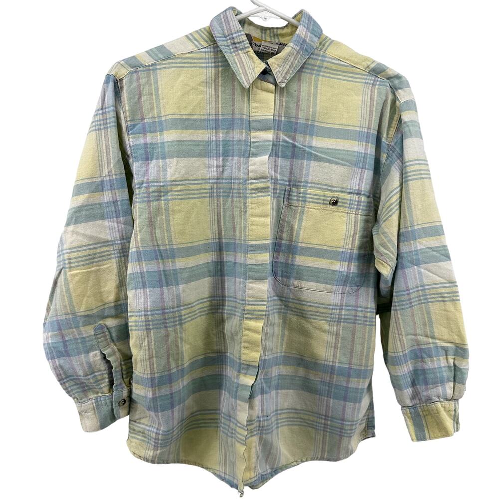 VTG Diane Von Furstenberg Plaid Button Down 80s Shirt 100% Cotton Yellow Blue M